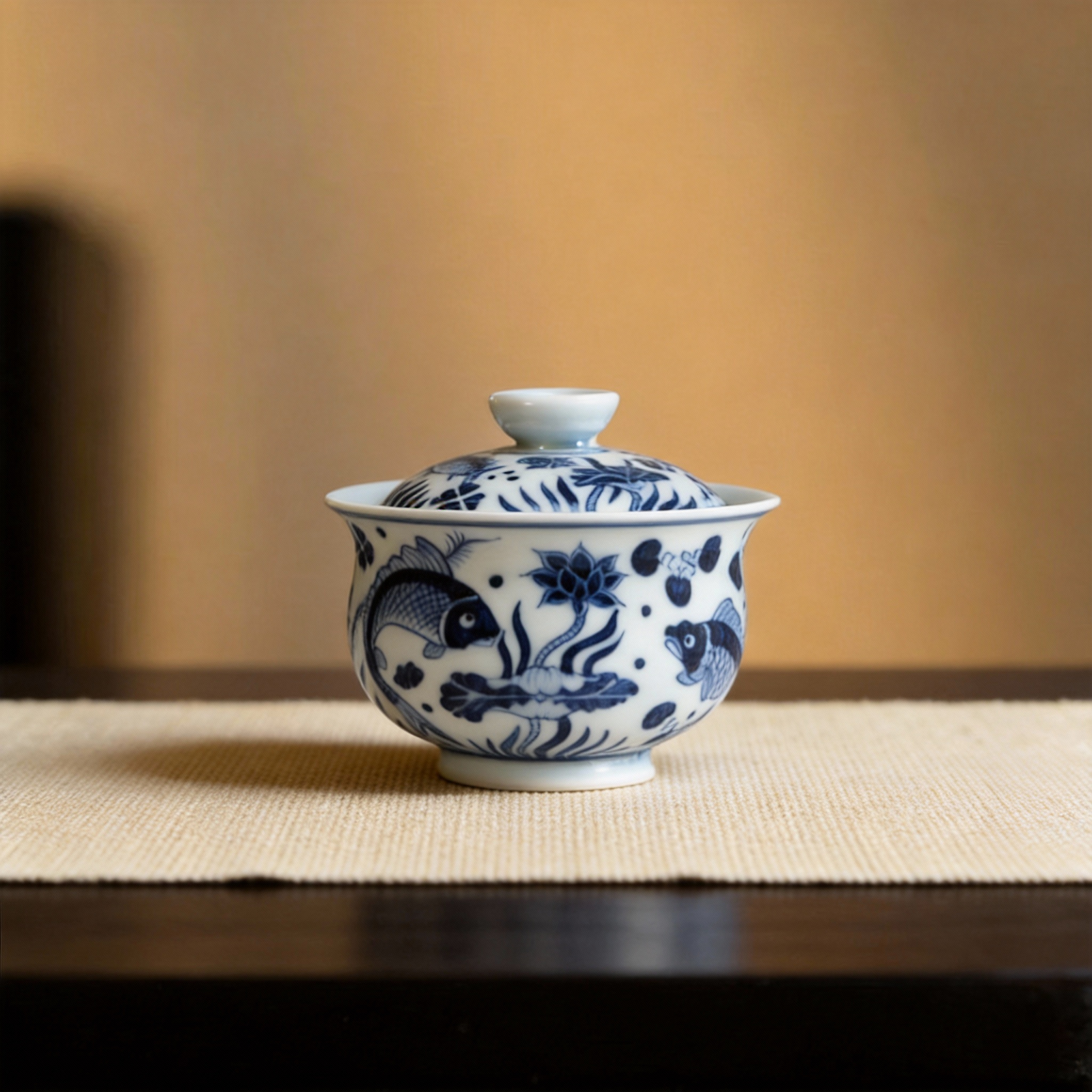 Fish and Aquatic Pattern Blue and White Gaiwan_Ring04