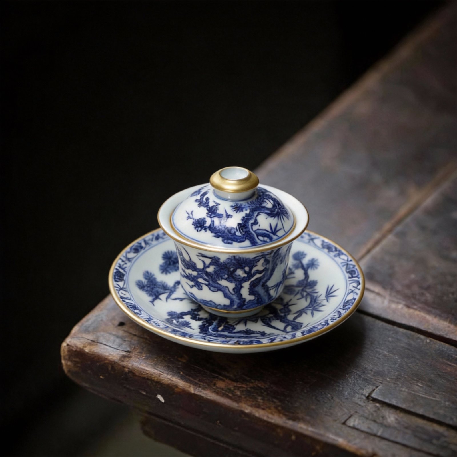 Pine Blue and White Porcelain Gilded Gaiwan_Ring08