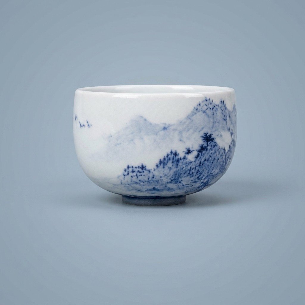 Sword Kiln Ceramic Tea Cup Blue Landscape Round for Gongfu Tea