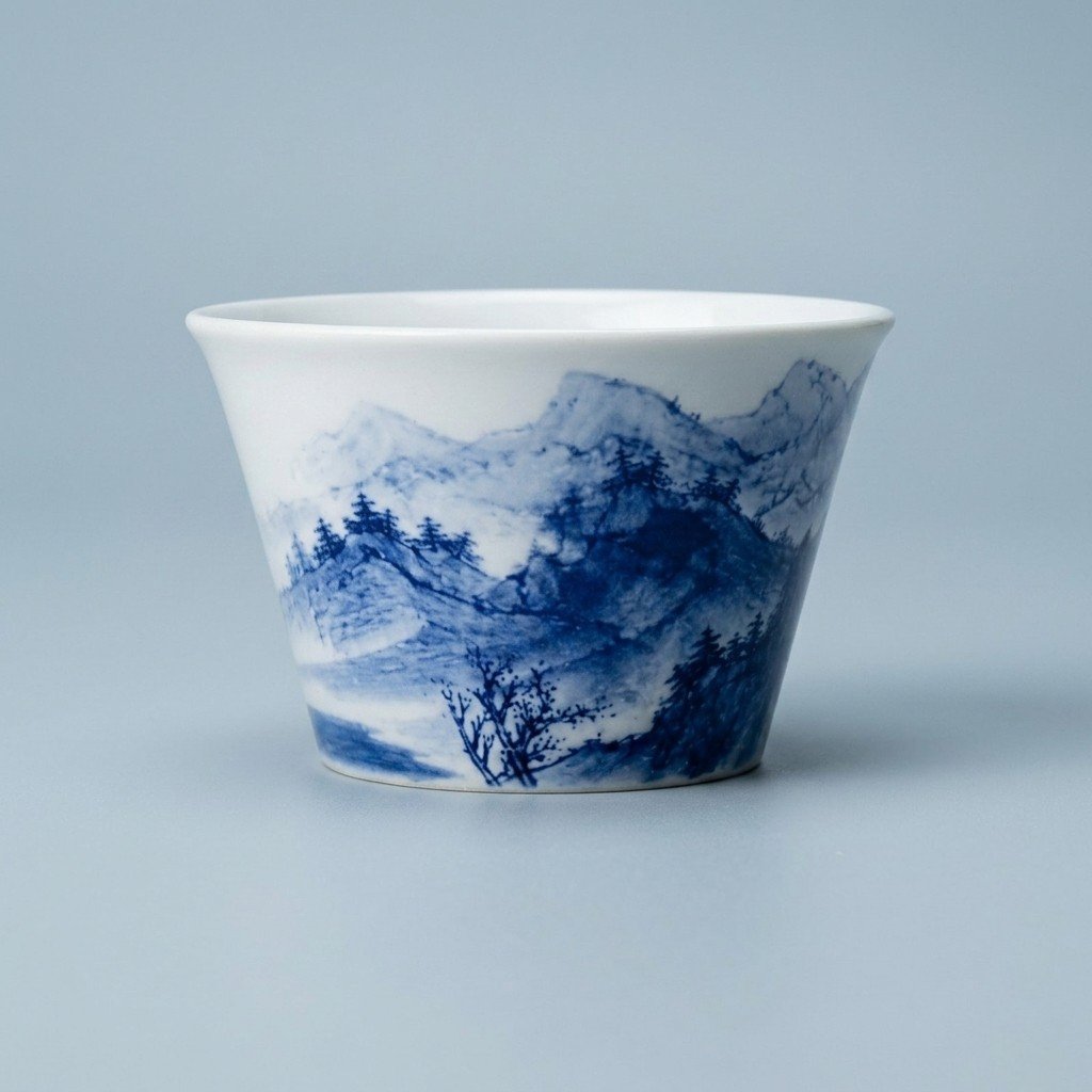 Sword Kiln Ceramic Tea Cup Blue Landscape Flared for Gongfu Tea