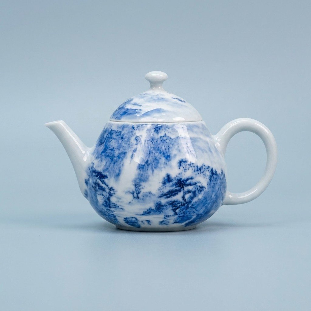 Sword Kiln Ceramic Teapot Blue Landscape Round for Tea Brewing