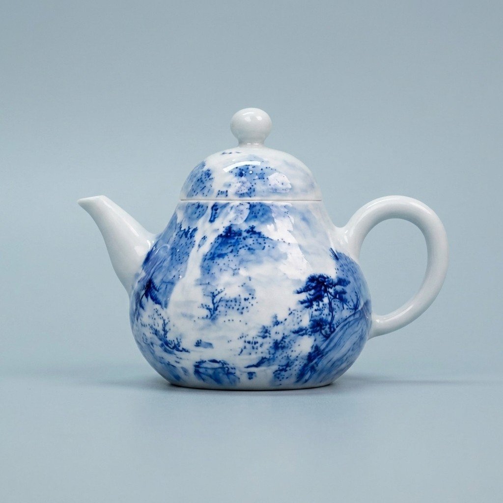 Sword Kiln Ceramic Teapot Blue Landscape Pear for Tea Brewing