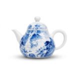Sword Kiln Ceramic Teapot Blue Landscape Pear for Tea Brewing