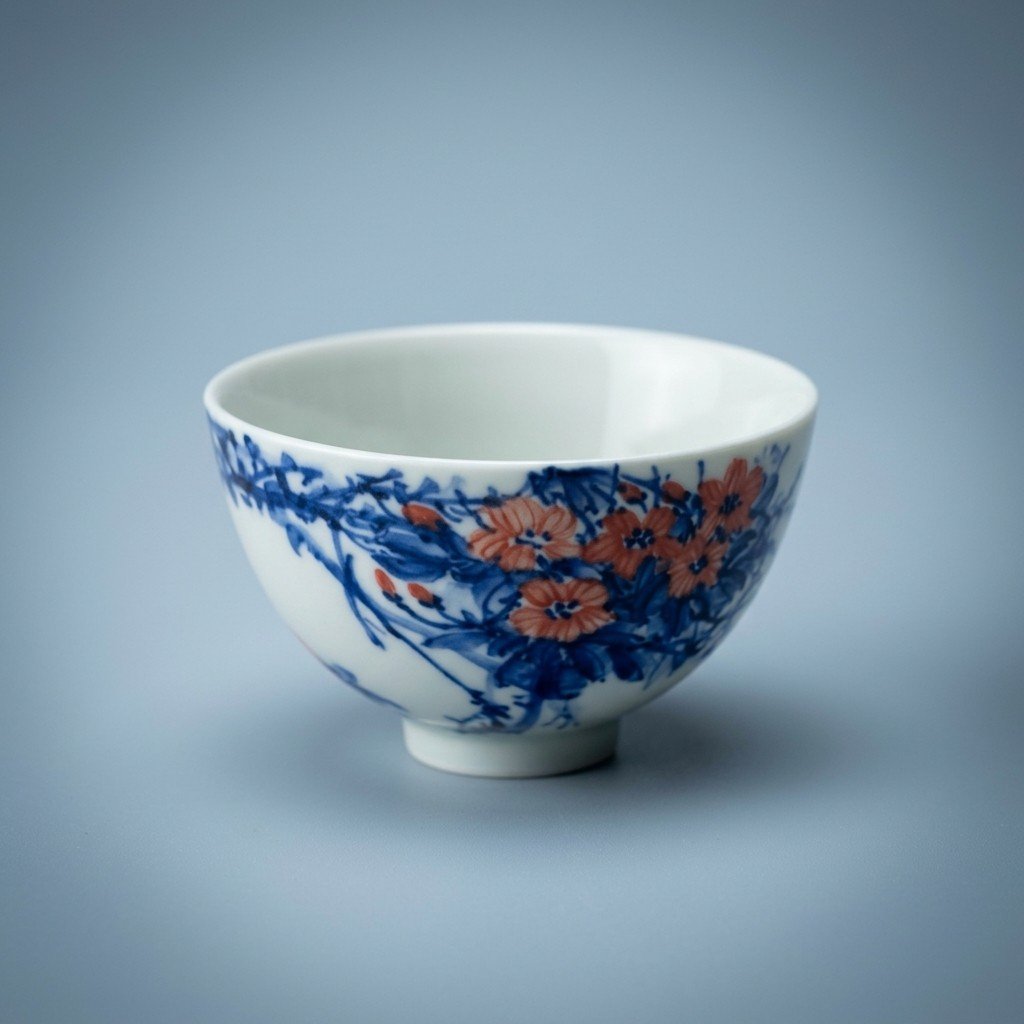 Sword Kiln Ceramic Tea Cup Blue Floral Flared for Gongfu Tea