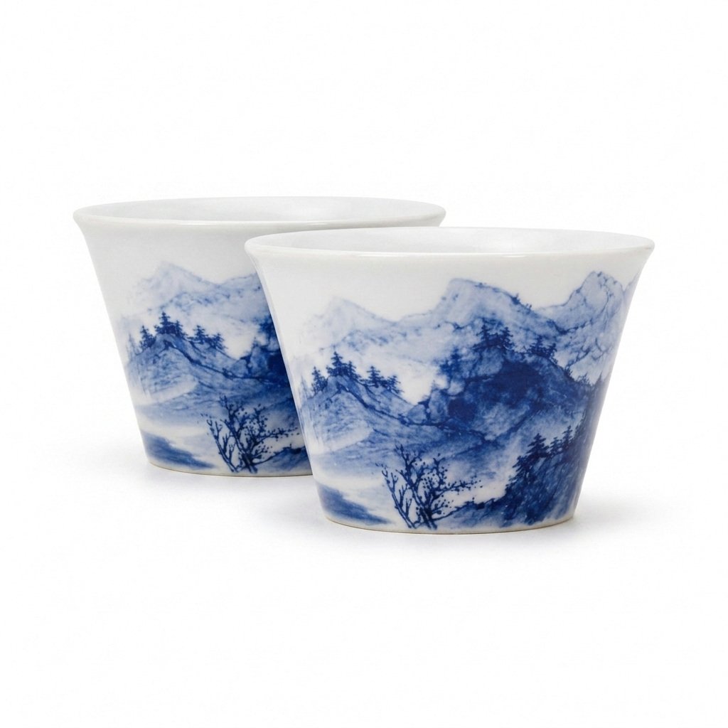 Sword Kiln Ceramic Tea Cup Blue Landscape Flared for Gongfu Tea
