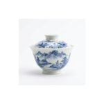Ceramic Gaiwan Blue White Landscape Hand Painted for Gongfu Tea