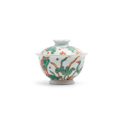 Ceramic Gaiwan Red Green Lotus Hand Painted for Gongfu Tea