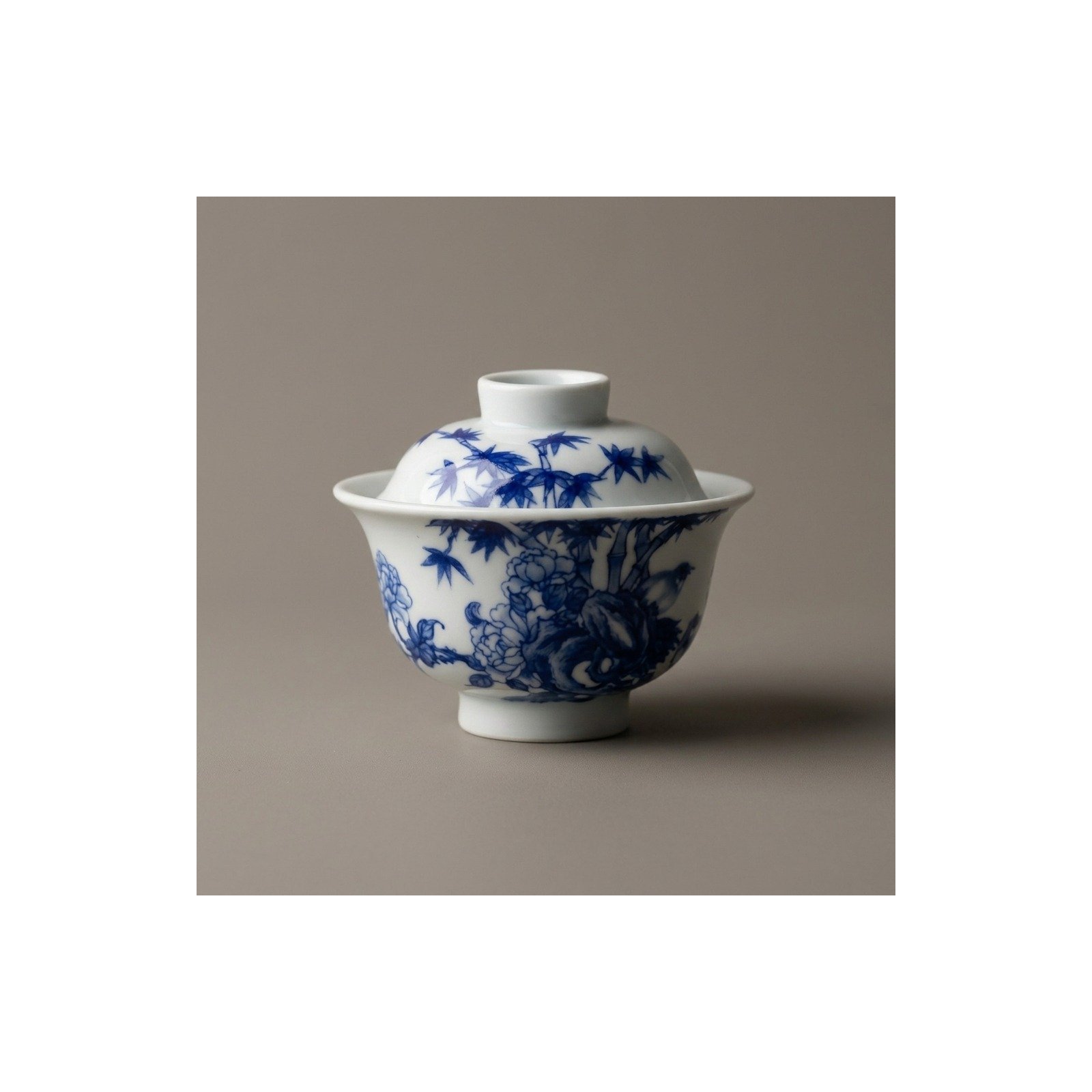Ceramic Gaiwan Blue White Bamboo Hand Painted for Gongfu Tea