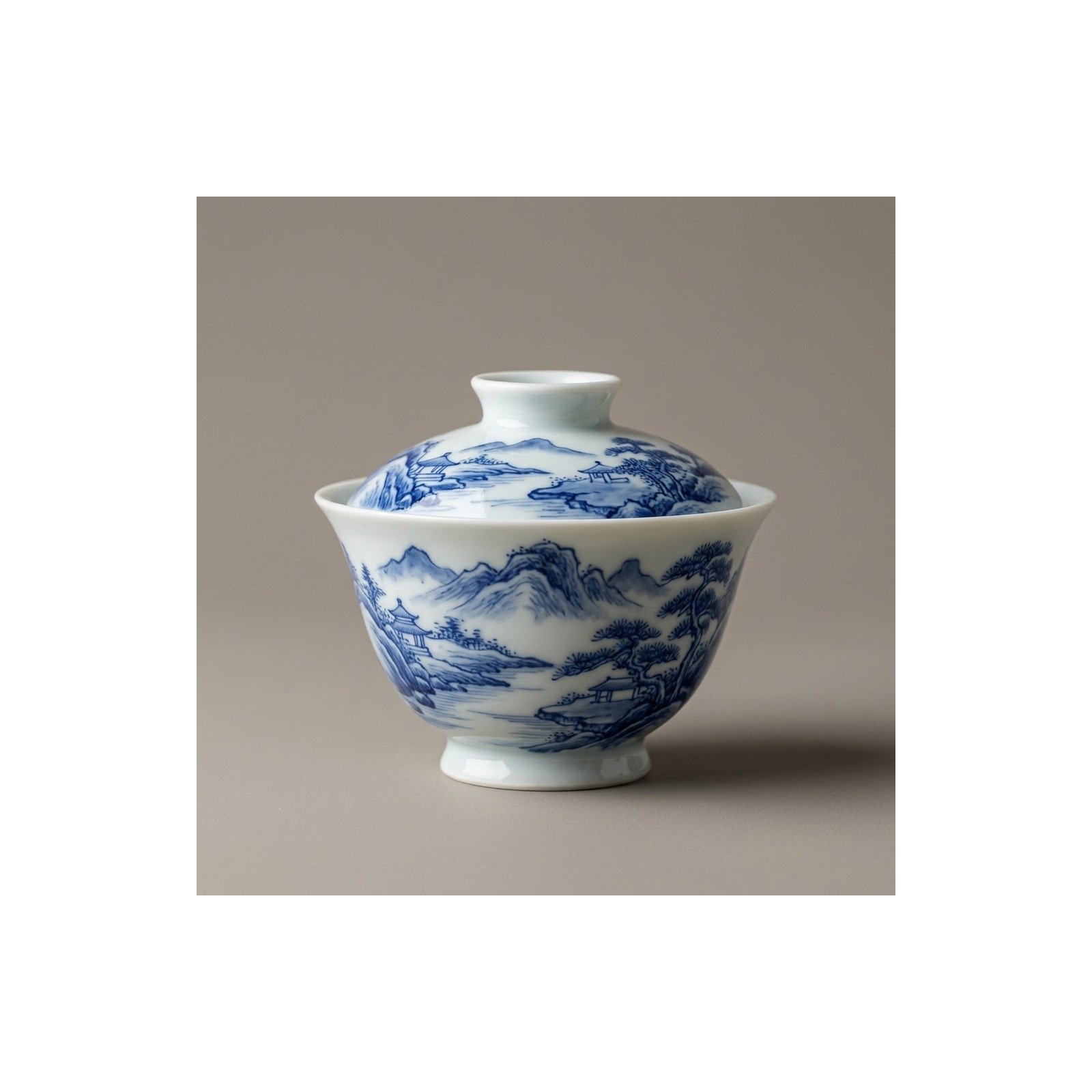 Ceramic Gaiwan Blue White Landscape Hand Painted for Gongfu Tea