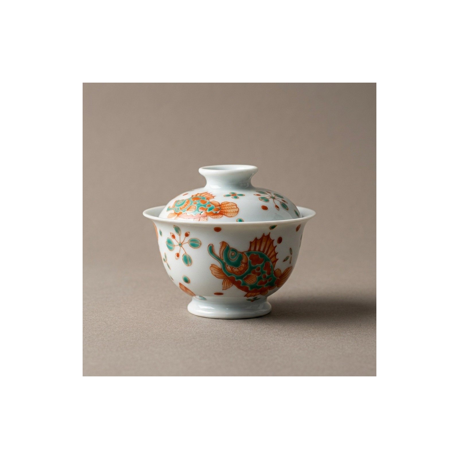 Ceramic Gaiwan Red Green Fish Hand Painted for Gongfu Tea