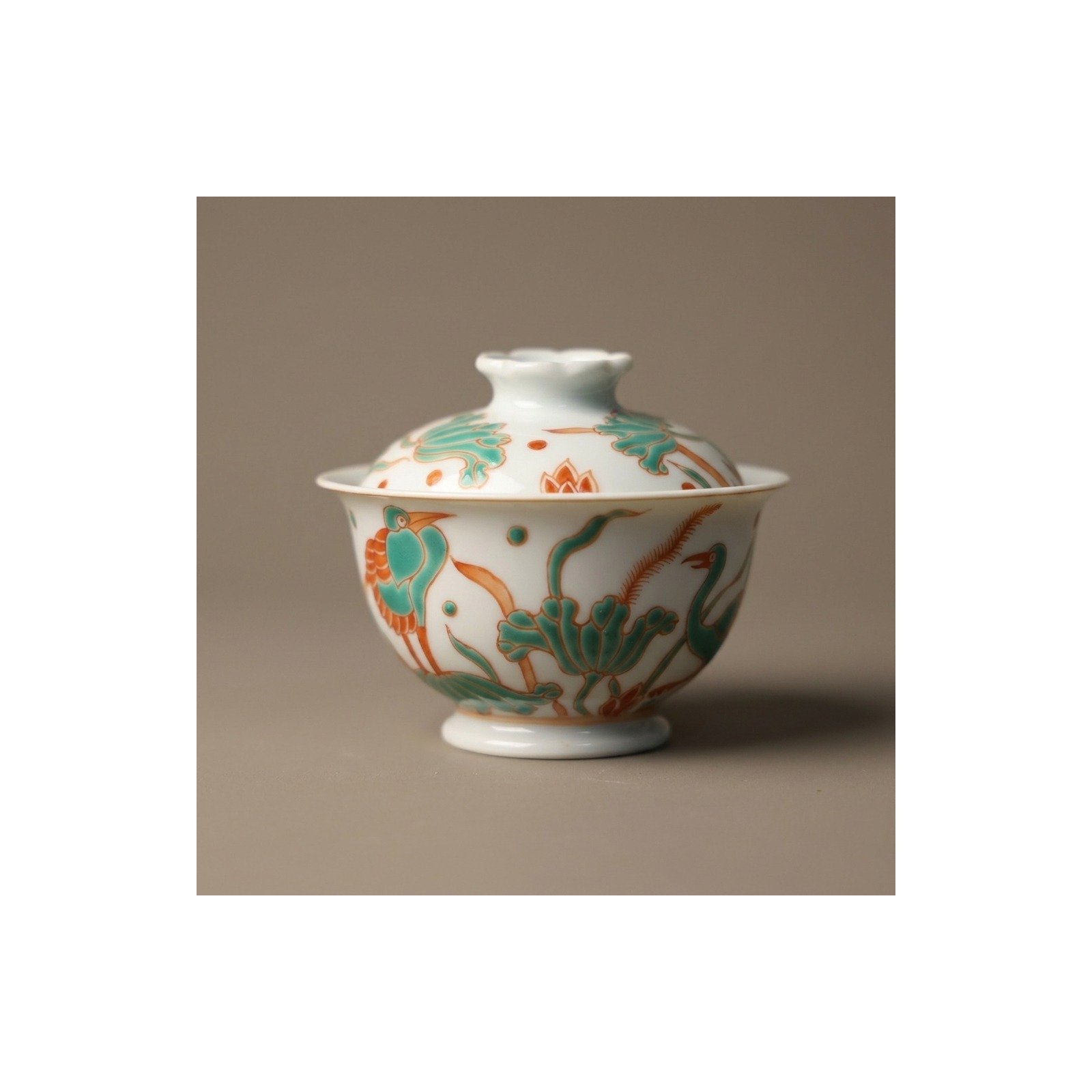 Ceramic Gaiwan Red Green Lotus Hand Painted for Gongfu Tea