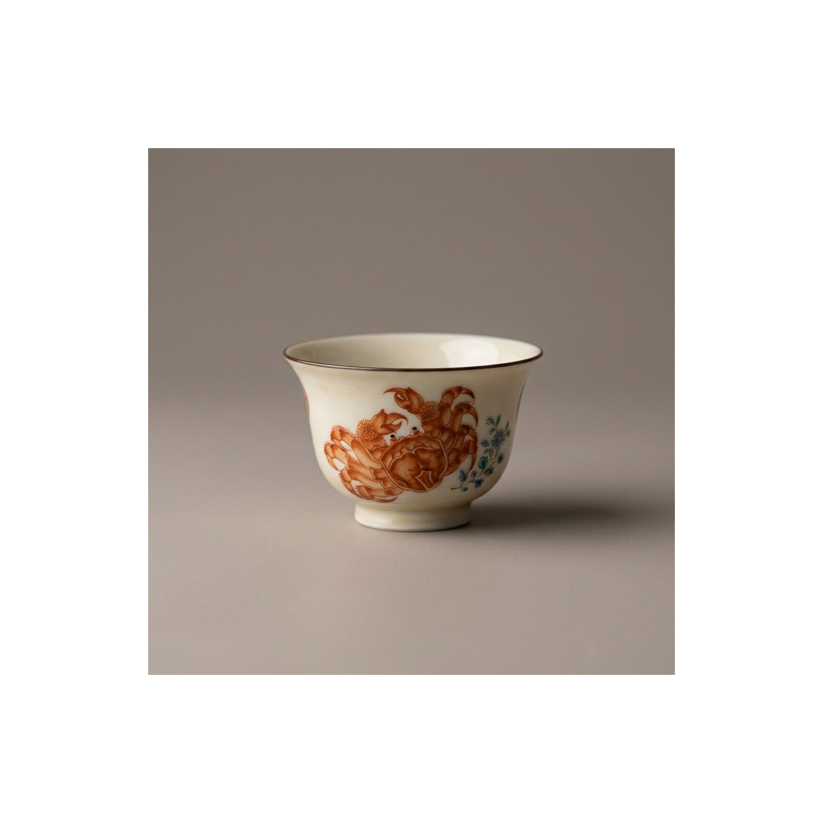 Ceramic Tea Cup Red Green Crab Hand Painted for Gongfu Tea