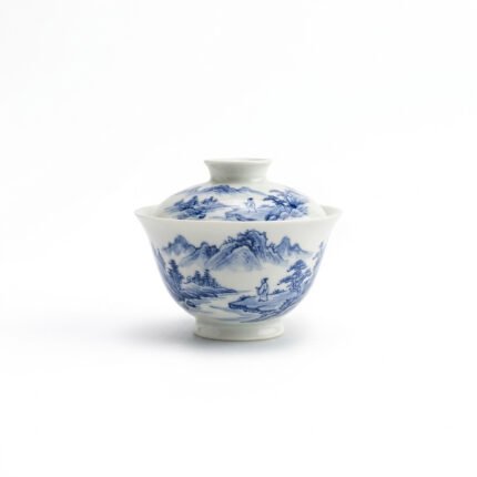 Ceramic Gaiwan Blue White Landscape Hand Painted for Gongfu Tea