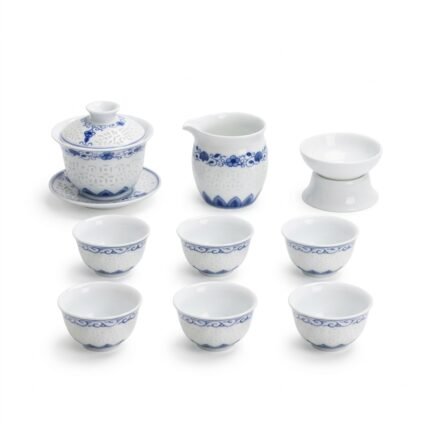 Gongfu Tea Set – Blue Lotus Border Porcelain Gaiwan