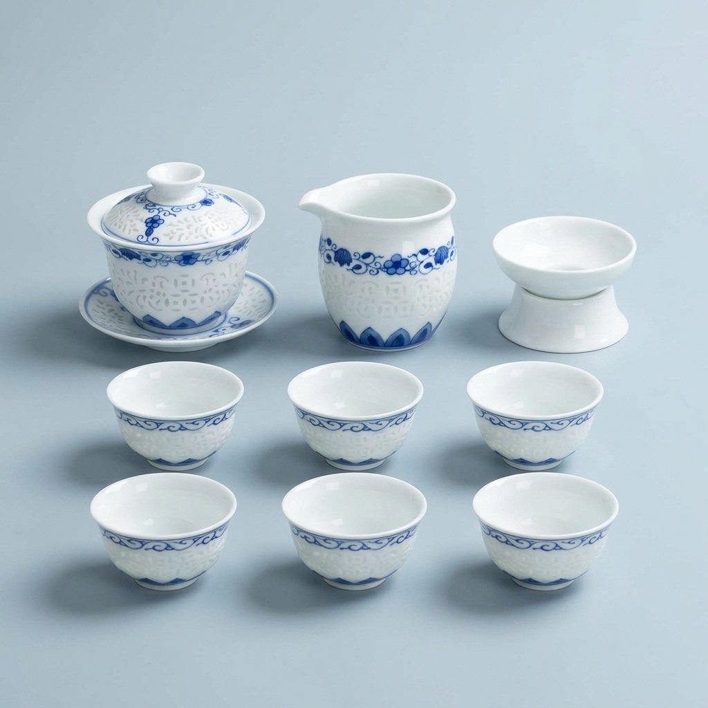 Gongfu Tea Set – Blue Lotus Border Porcelain Gaiwan