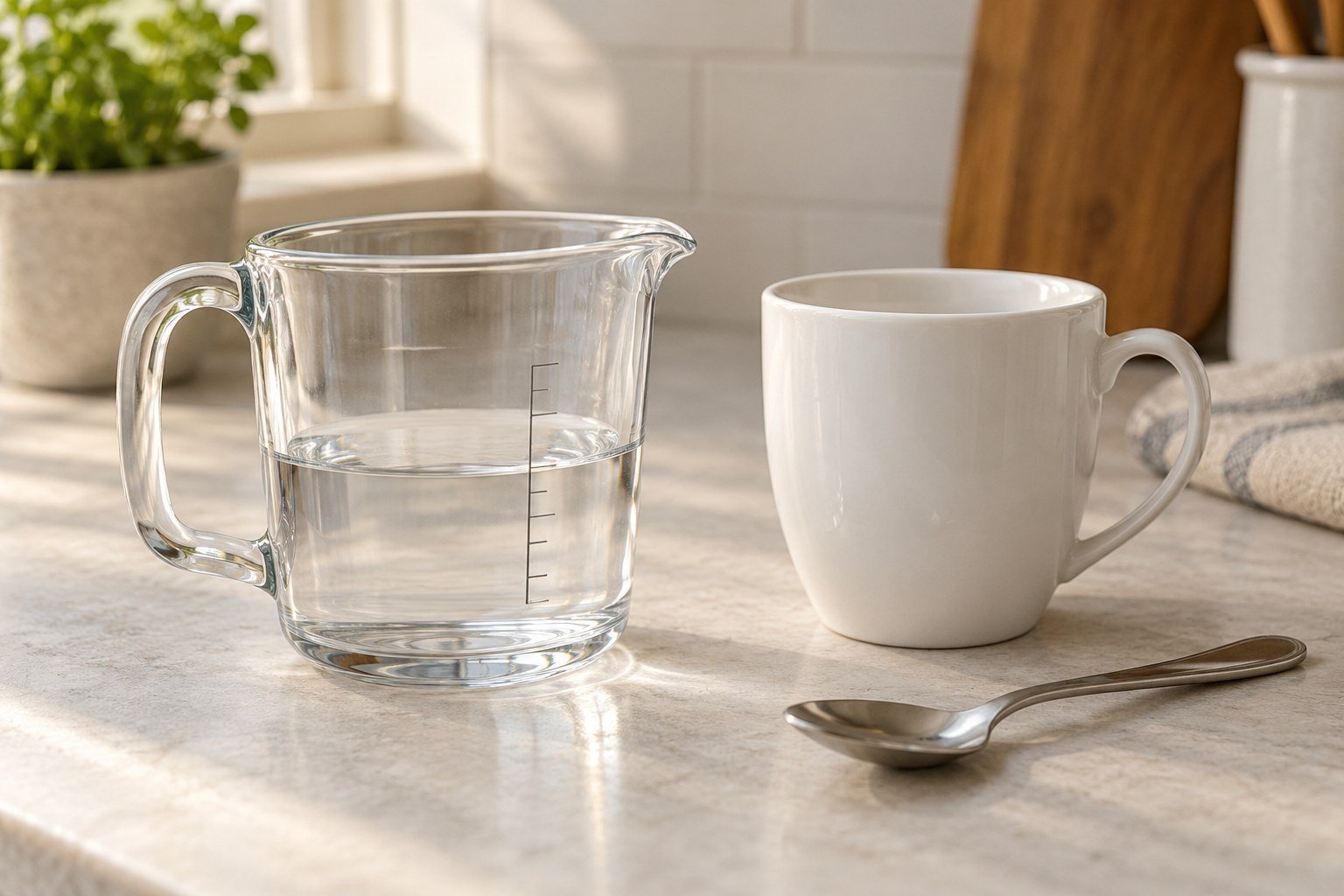Illustrative glass measuring jug beside a plain white ceramic cup and teaspoon