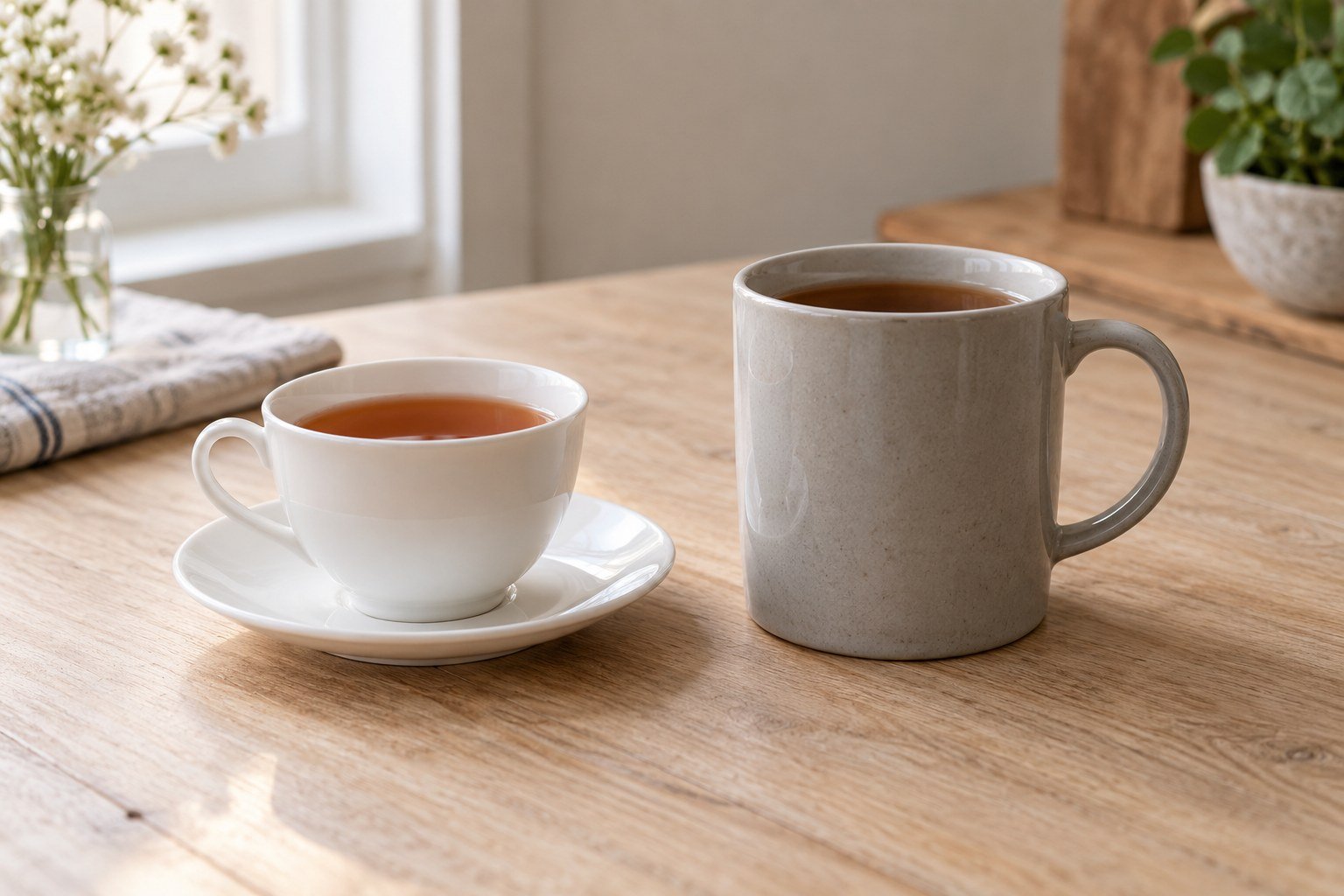 Illustrative small handled teacup and saucer beside a taller ceramic mug