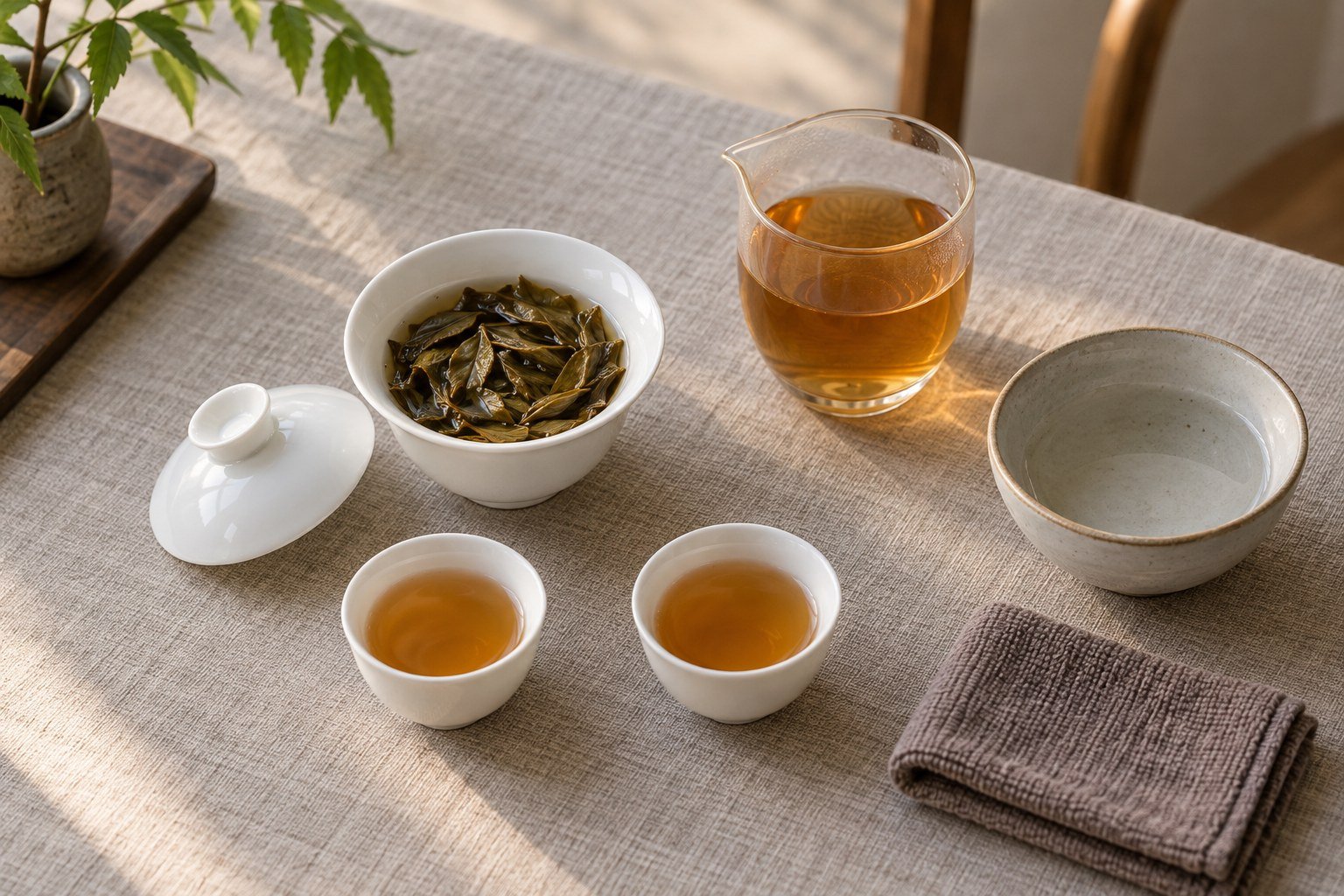 Illustrative gaiwan with tea leaves, glass pitcher, two tasting cups, discard bowl and cloth