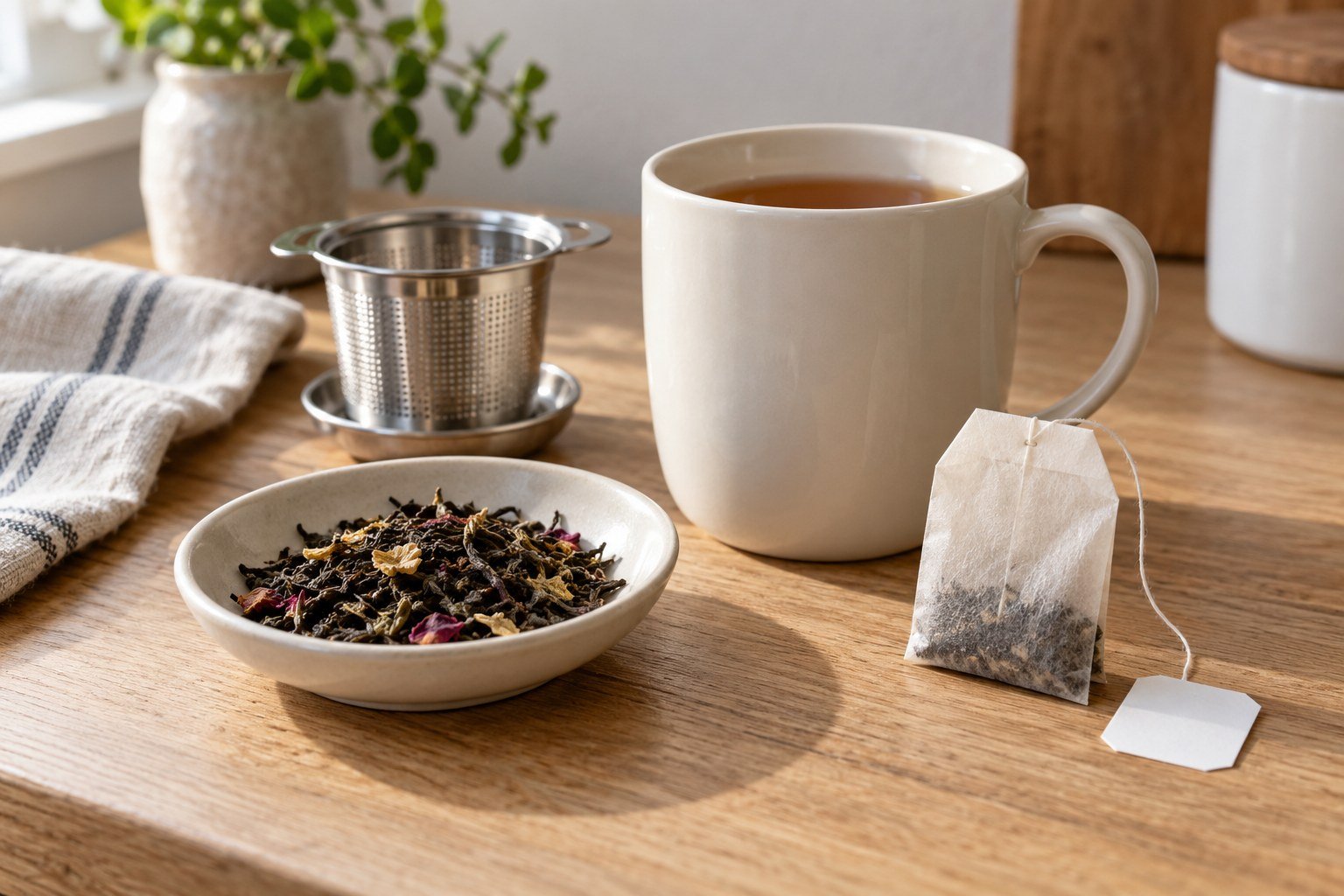 Illustration of loose tea leaves, an unbranded paper tea bag, a mug and a tea basket