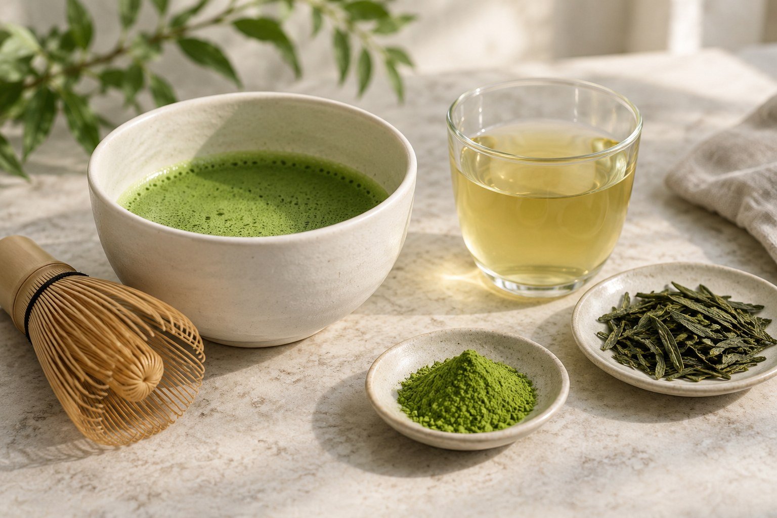 Illustration of whisked green matcha beside a clear brewed-green-tea infusion and loose tea leaves