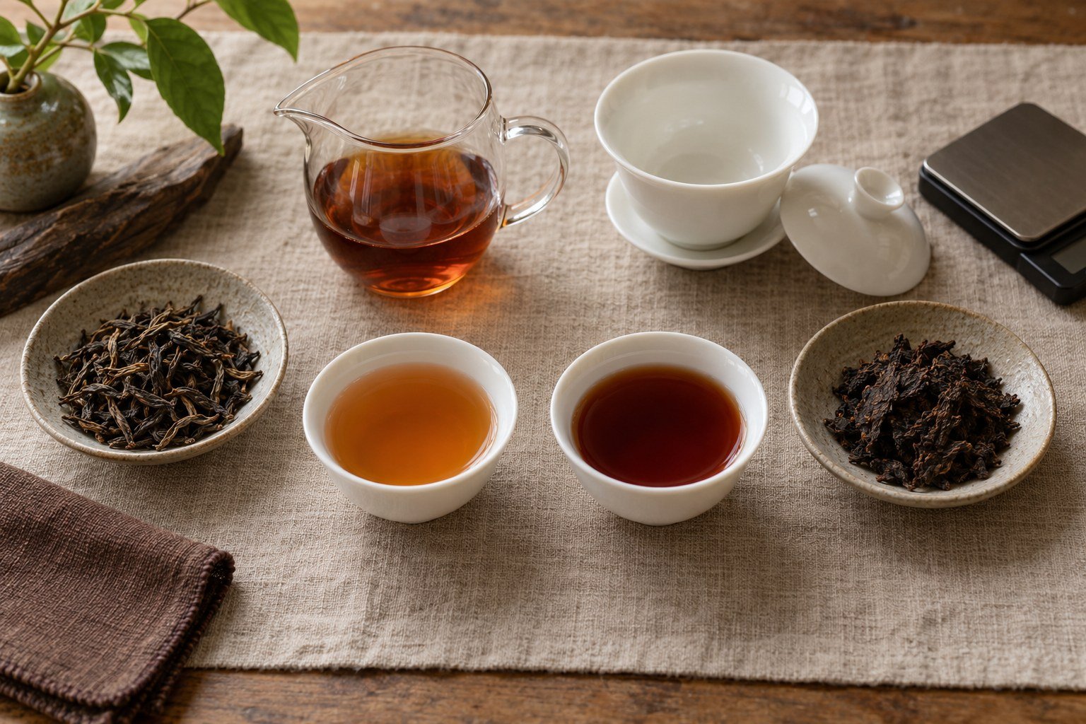 Illustration of two tea samples compared in identical white cups beside a gaiwan and sharing pitcher