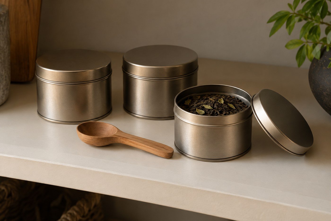 Illustrative tea storage scene with plain opaque tins and a dry wooden scoop